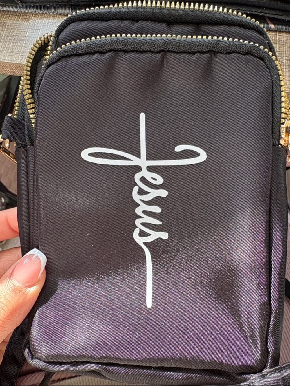 Black Crossbody Pouch with White Script says Jesus